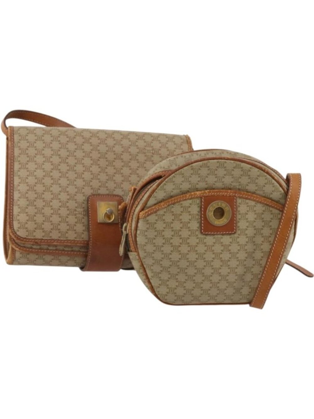 CELINE Macadam Canvas Shoulder Bag PVC Leather 2 Set Beige